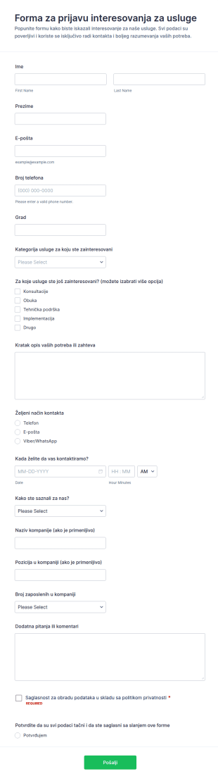 Registracija Interesa Za Usluge Survey