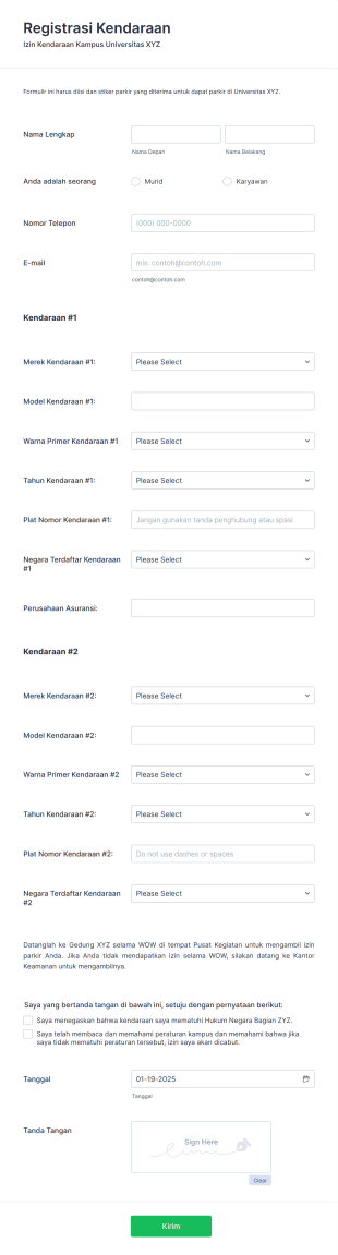 Registrasi Kendaraan Izin Parkir Form Template