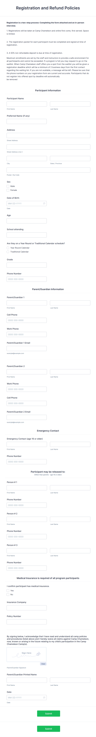 Summer Camp Registration And Refund Policy Form Template