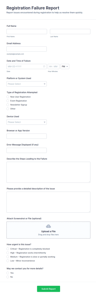 Registration Failure Report Form Template