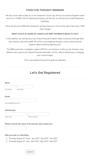 Registration For Food For Thought Form Template
