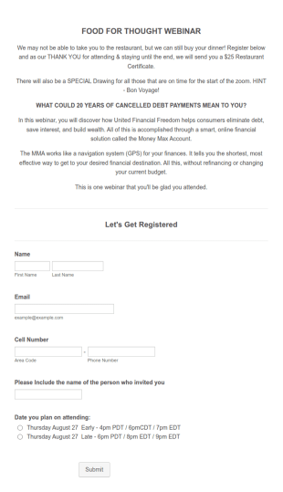 Registration For Food For Thought Form Template