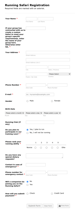 Registration For Running Safari Form Template