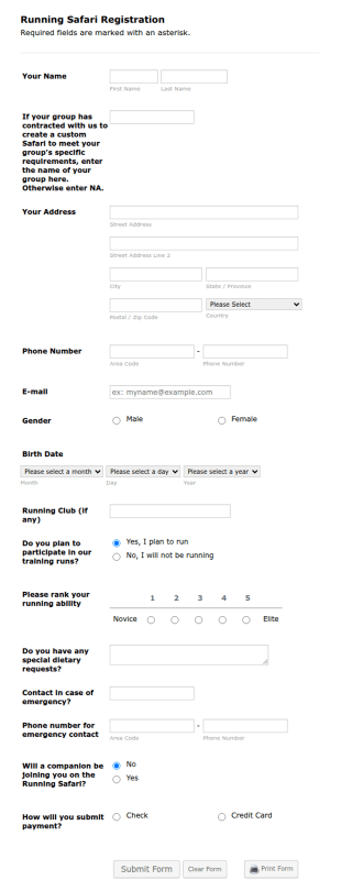 Registration For Running Safari Form Template