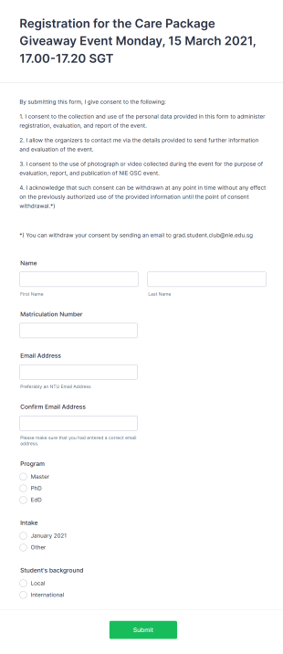 Care Package Giveaway Event Registration Form Template