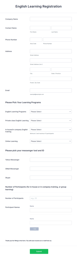 Registration Form English Learning Programs Form Template