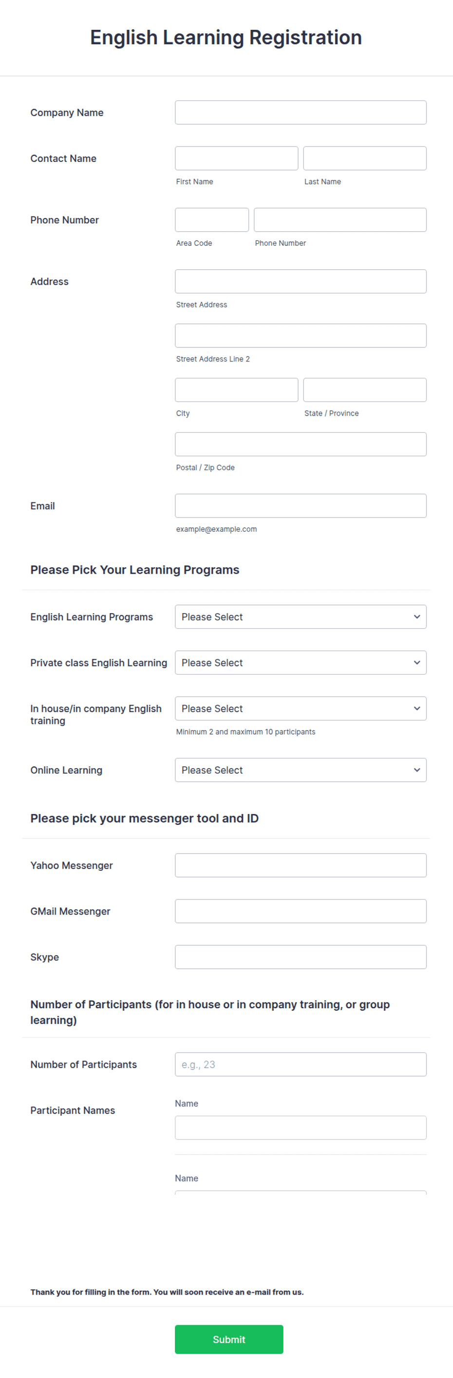 Registration Form English Learning Programs Form Template | Jotform