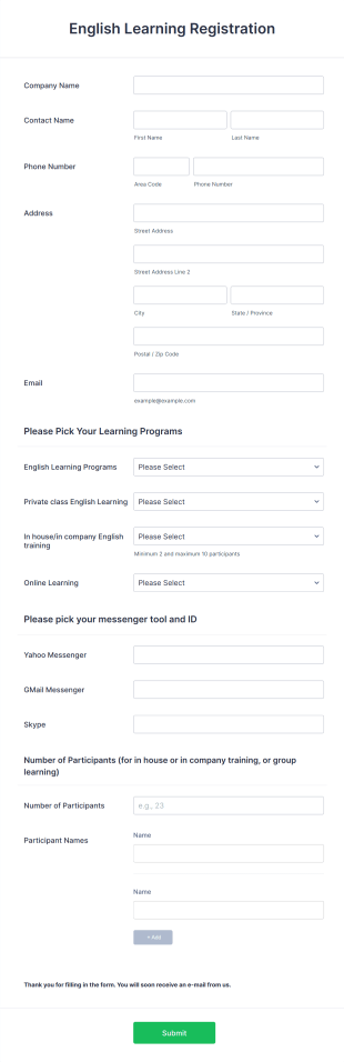 Registration Form English Learning Programs Form Template