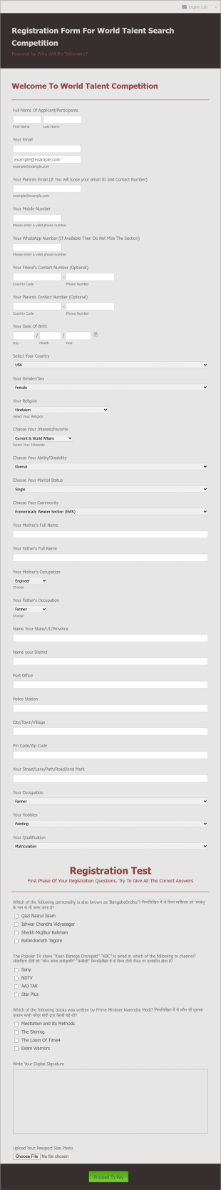 Registration Form For World Talent Search Competition Form Template