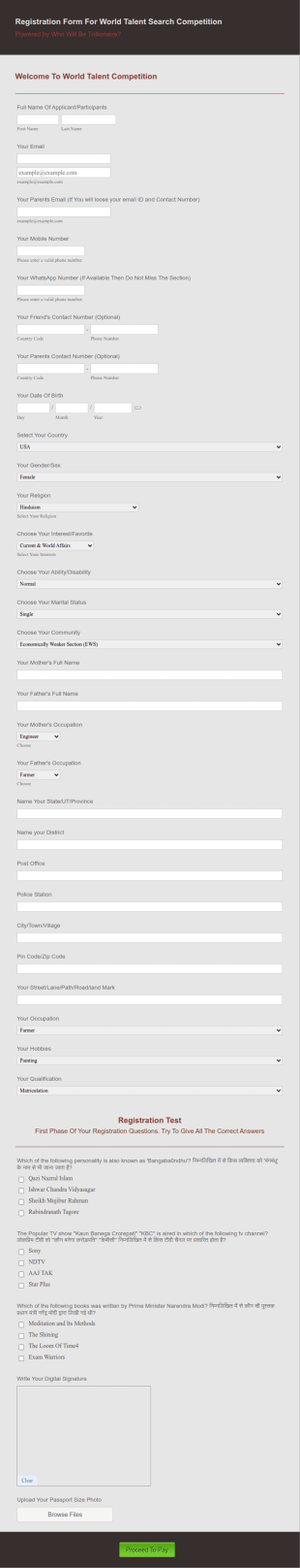 Registration Form For World Talent Search Competition