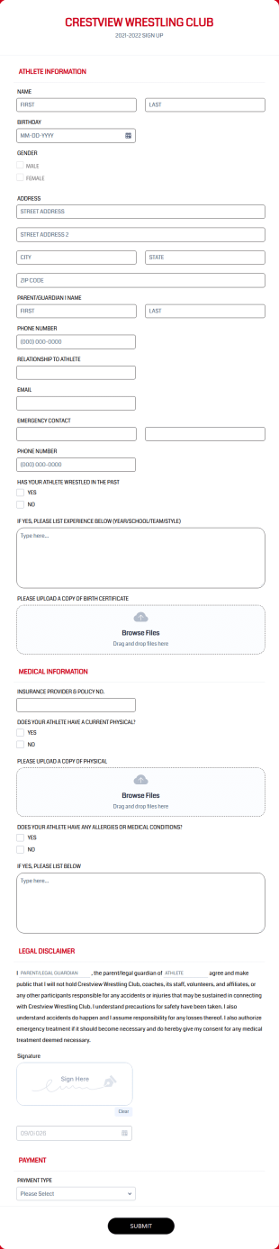 Registration Form For Wrestling Team