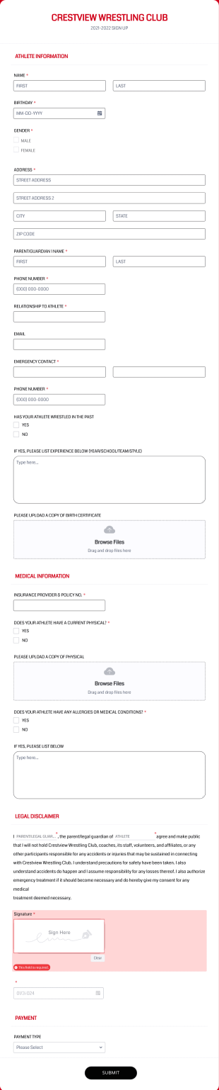 Registration Form For Wrestling Team