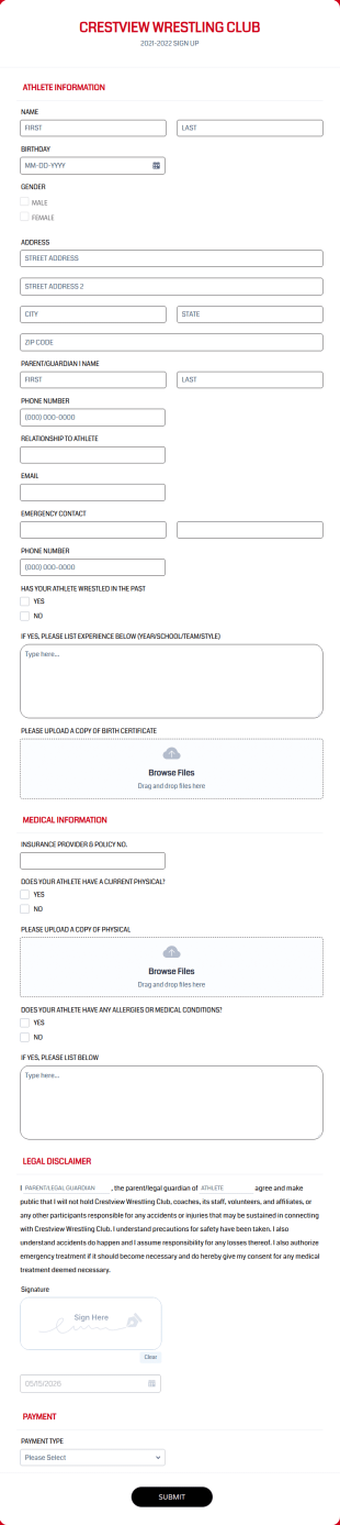 Registration Form For Wrestling Team