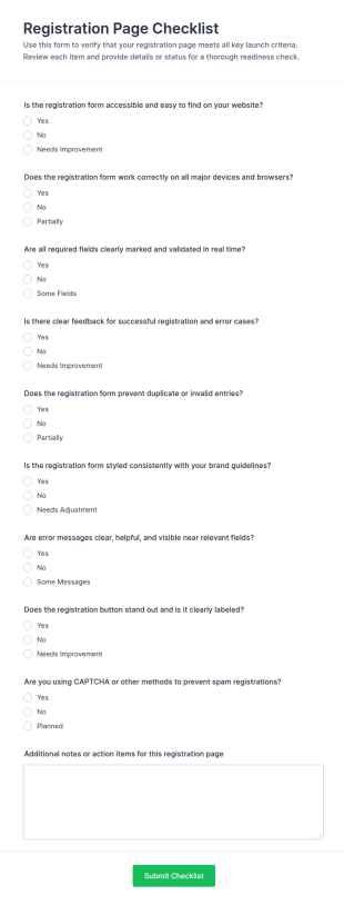 Registration Page Checklist Form Template