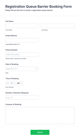 Registration Queue Barrier Booking Form Template