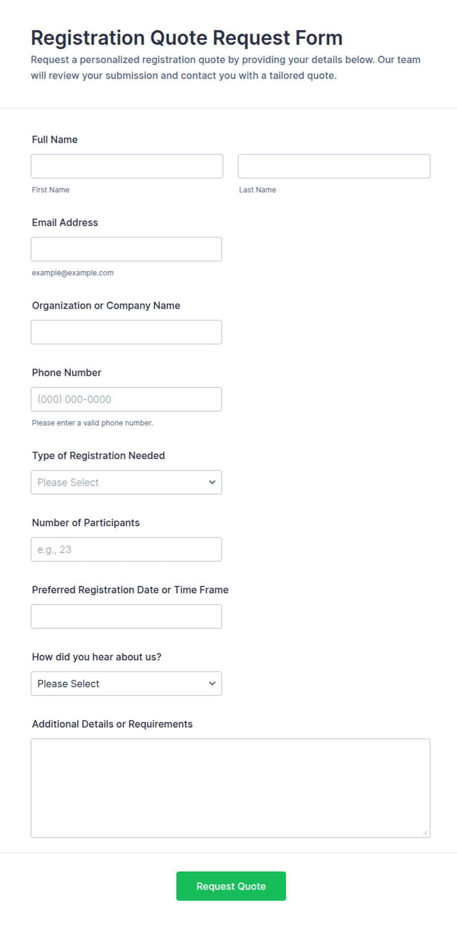 Registration Quote Request Form Template | Jotform