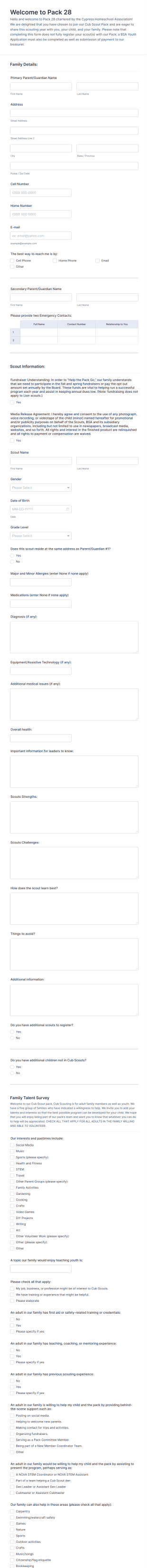 Cub Scout Registration Form Template