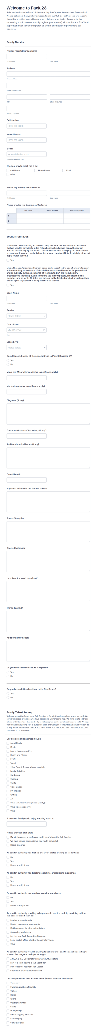 Cub Scout Registration Form Template