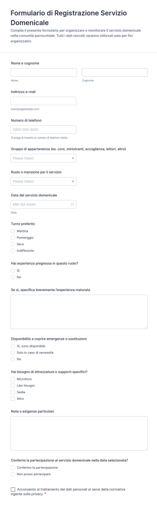 Registrazione Del Servizio Domenicale Form