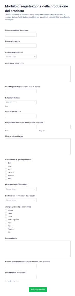 Registrazione Produzione Di Prodotto Form
