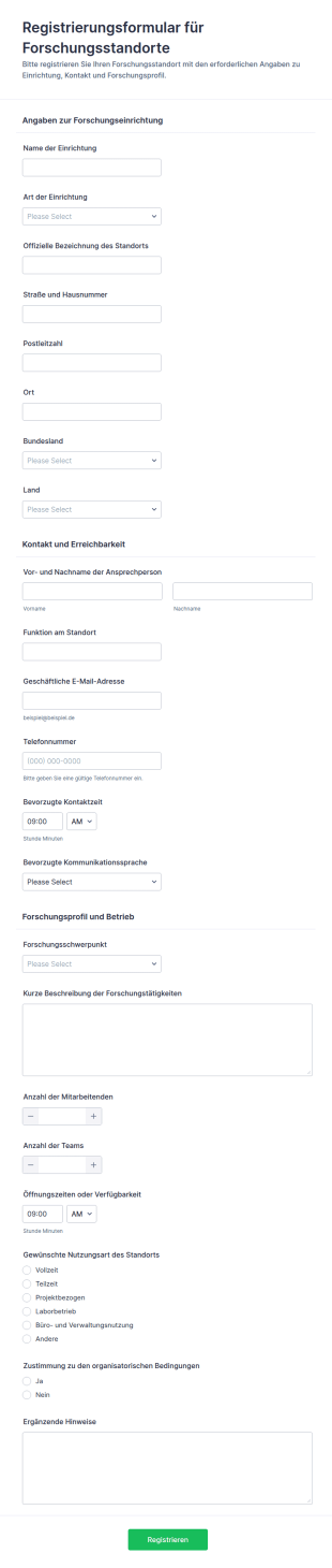 Registrierung Einer Forschungsstandort Stelle