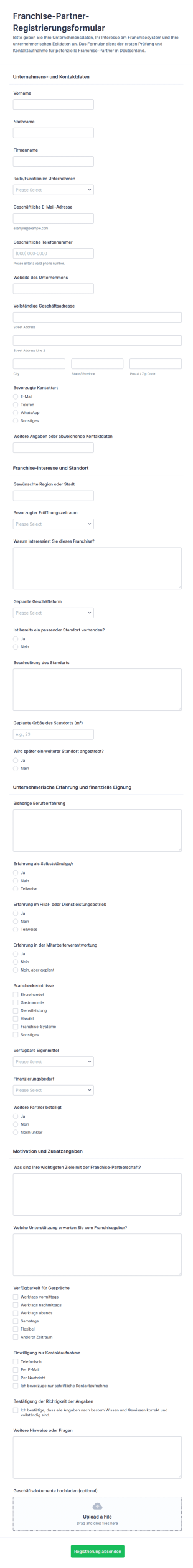 Registrierung Für Franchise Partner