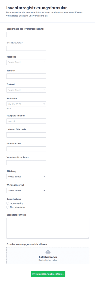 Registrierung Von Inventarartikeln Formular