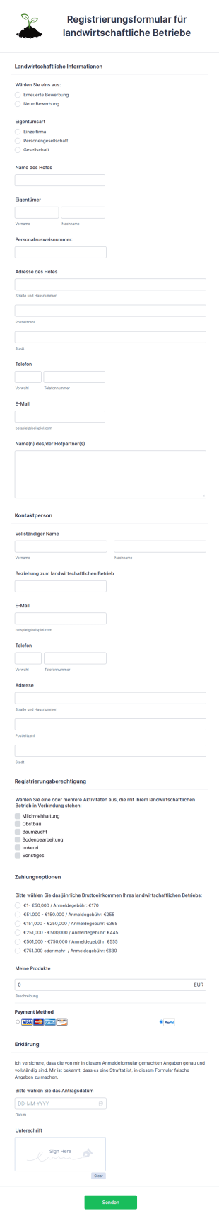 Registrierungsformular Für Landwirtschaftliche Betriebe