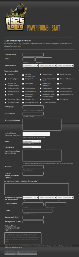 Registrierungsformular Mit Künstler Informationen 