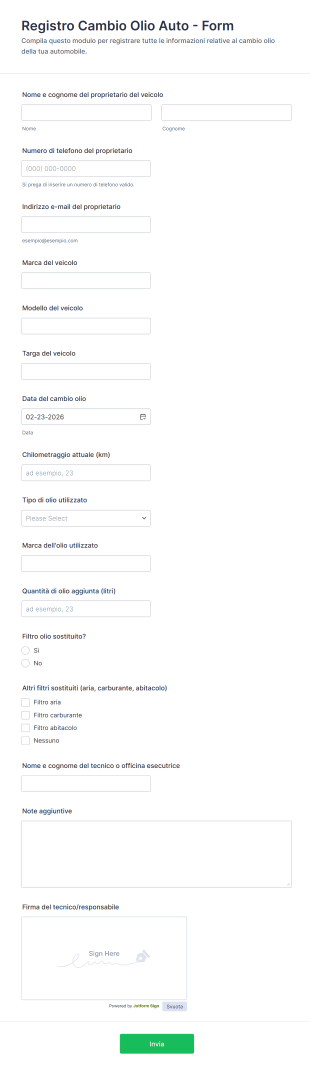 Registro Cambio Olio Auto Form