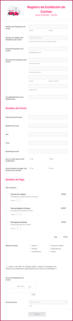 Registro De Exhibición De Coches Form Template