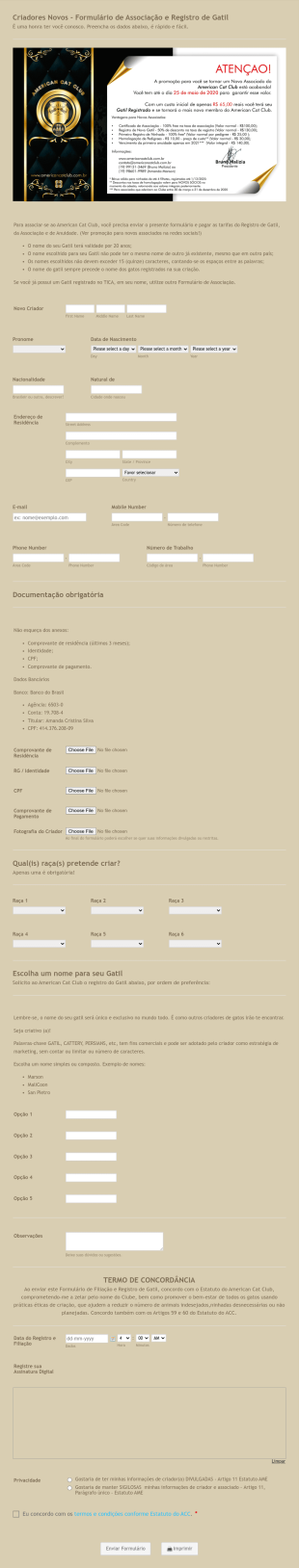 Registro De Gatil American Cat Club Form Template