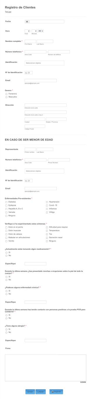 Registro De Tattoo Form Template