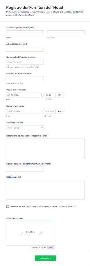 Registro Dei Fornitori Dell'Hotel