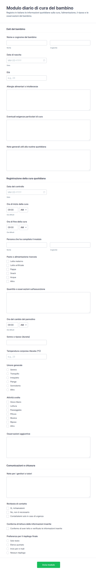 Registro Dell'Assistenza Al Bambino Form