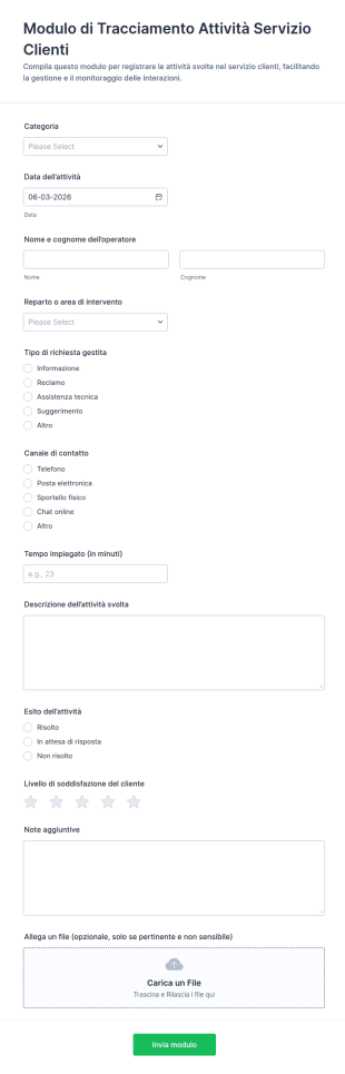 Registro Delle Attività Di Assistenza Clienti Modulo