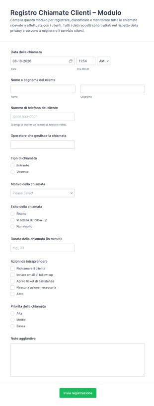 Registro Delle Chiamate Con Il Cliente Form