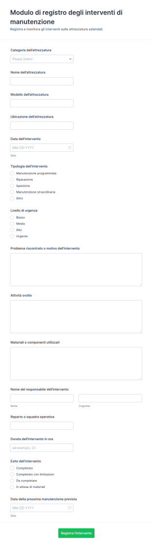 Registro Di Manutenzione Delle Attrezzature