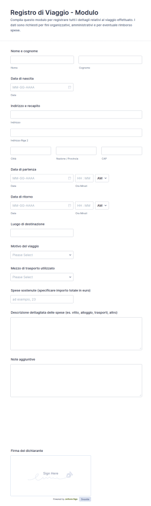 Registro Di Viaggio Form