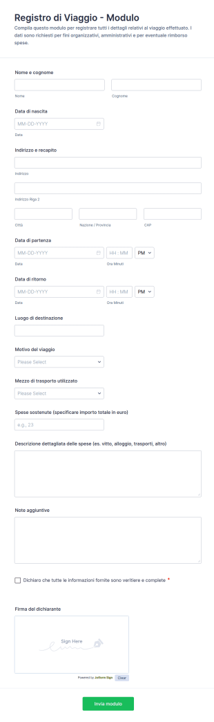 Registro Di Viaggio Form