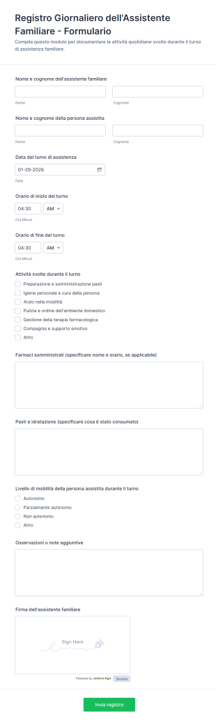 Registro Giornaliero Dell'Assistente Familiare Formulario