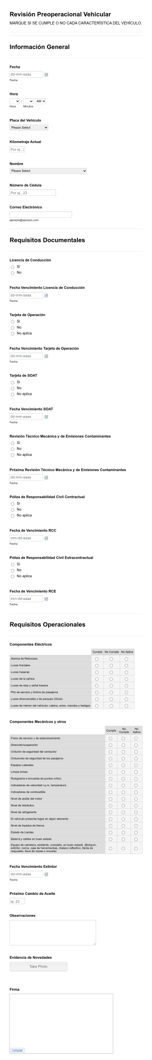 Registro Preoperacional Vehicular Form Template