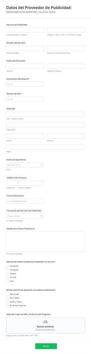 Registro Proveedores Publicidad Form Template