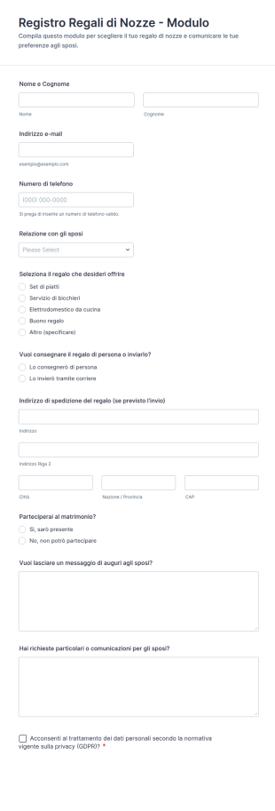 Registro Regali Di Nozze Modulo