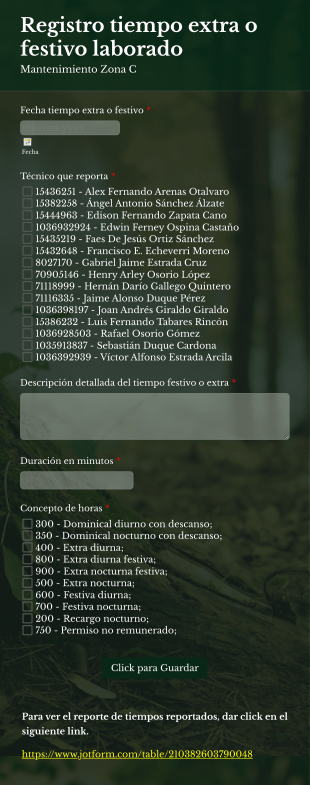 Registro Tiempo Extra O Festivo Laborado Form Template