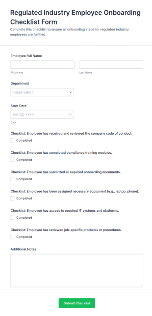 Regulated Industry Employee Onboarding Checklist Form Template