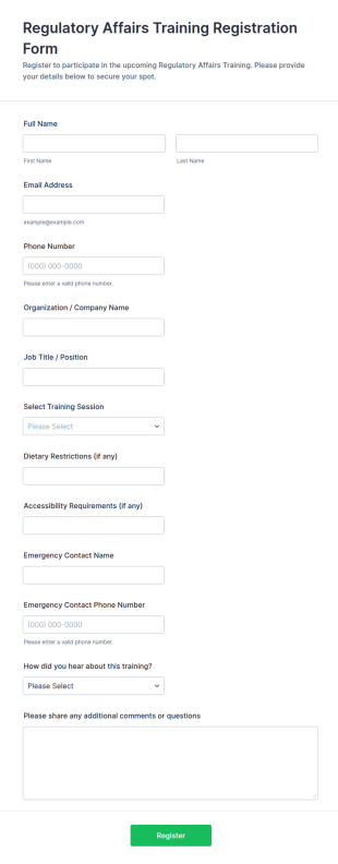 Regulatory Affairs Training Registration Form Template