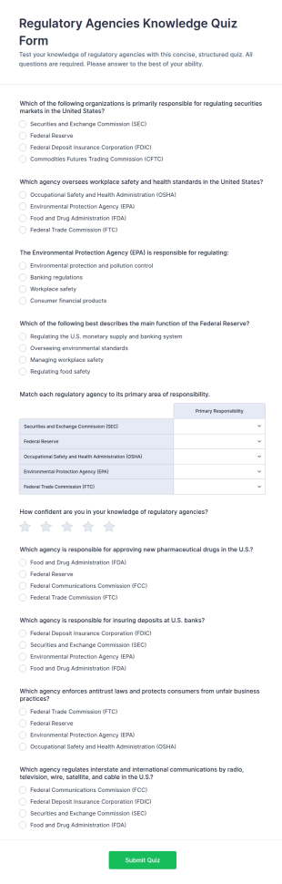 Regulatory Agencies Knowledge Quiz Form Template