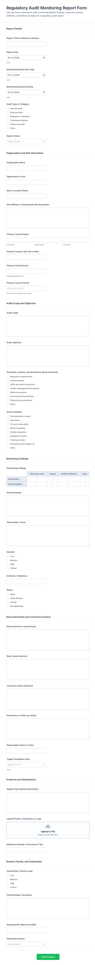 Regulatory Audit Monitoring Report Form Template