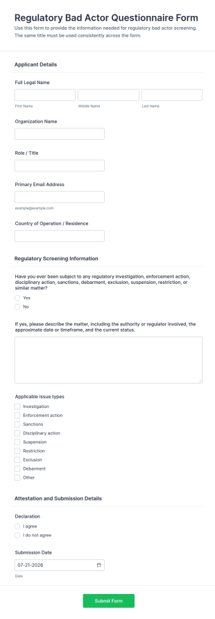 Regulatory Bad Actor Questionnaire Form Template